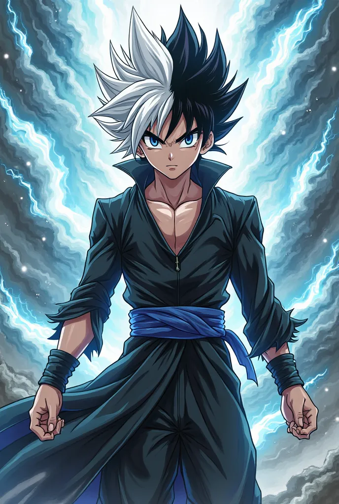 Give me a picture of an anime character, a boy with black and white hair, who has great strength and wears black and white.