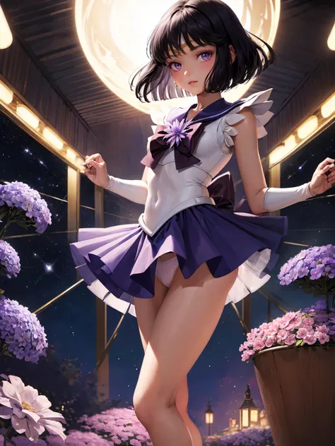 (masterpiece, Top Quality: 1.2), alone, 1 girl,  Sailor Saturn, Magical Girl, shut up,  watch the audience, ,  sailor warrior uniform, pleated skirt,  elbow bag,  jewelry, ((( Blog)),  color, purple eyes, ,  Milky Way,, ((Small purple flower)),(( white pan...