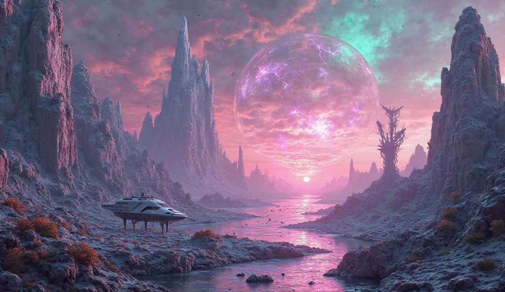 Scene 4: EXT. BEYOND THE HORIZON - UNKNOWN
Image Prompt: The explorers' spacecraft emerges into a new reality—an alien world with vast, crystalline structures, bioluminescent skies, and strange floating landmasses. The colors are surreal, with glowing pink...