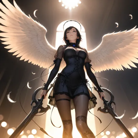  Angel Wings,backlight,viewers,Angle Looking Up From Below,Feathers fluttering,SEE-THROUGH,Thin, transparent legs,white_gothic_,multiple_Wings,rest,v_weapons, Exquisite Details ,4K,High Resolution,realistic,HDR,Studio Lighting,extreme detail,professional ,...