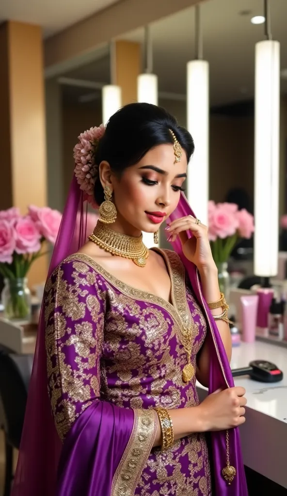 "A beautiful woman in a luxurious traditional South Asian outfit, heavily embroidered with gold and purple patterns. She is elegantly adjusting her dupatta, wearing gold jewelry including a wristwatch and a heart-shaped pendant. Her makeup is glamorous wit...