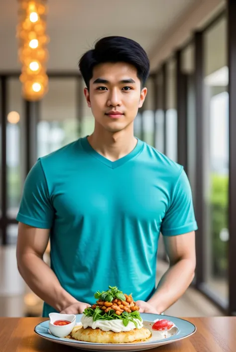 full indoor shot, zoom-out shot of hyper-realistic photo of a hyper far dinning room background, blurred man, zoomed-out shot of handsome Asian young man has black spiky style hair, shaved face, Wearing aqua t-shirt,shy smiling, stands behind a table, full...