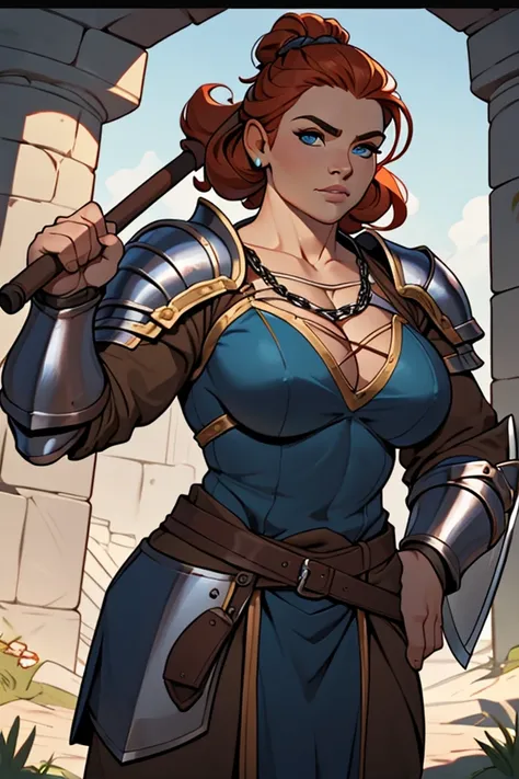 Short and thick dwarf woman, large breasts, busty, long curly ginger hair in top knot ponytail, blue eyes, heavy chain-mail armor with tabbard, Shield and hammer-axe, knight