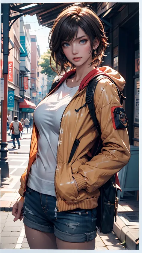 1人のwoman, jacket, rain, Outdoors, trainer, open jacket, Lock, backpack,  LOOK OTHER , hair parted in the middle, tanned skin, woman, womanフォーカス, Art Station Trends,  8k resolution for kindergarten ren, very detailed, human anatomically accurate,  Clear Ima...