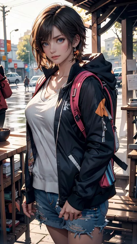 1人のwoman, jacket, rain, Outdoors, trainer, open jacket, Lock, backpack,  LOOK OTHER , hair parted in the middle, tanned skin, woman, womanフォーカス, Art Station Trends,  8k resolution for kindergarten ren, very detailed, human anatomically accurate,  Clear Ima...