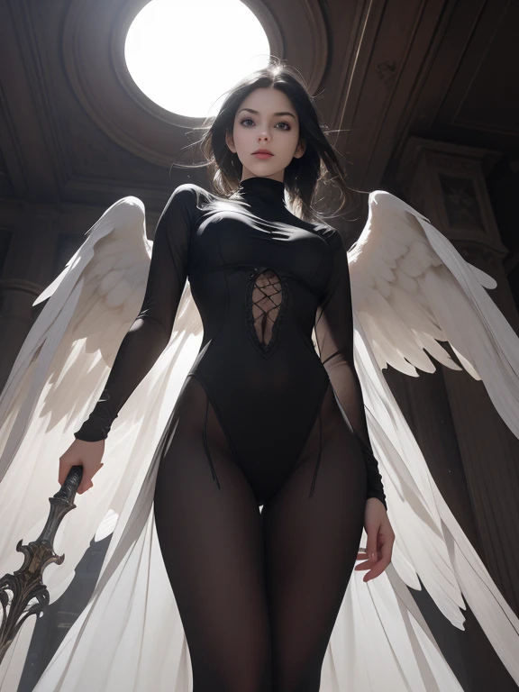  Angel Wings,backlight,viewers,Angle Looking Up From Below,Feathers fluttering,SEE-THROUGH,Thin, transparent legs,white_gothic_,multiple_Wings,rest,v_weapons, Exquisite Details ,4K,High Resolution,realistic,HDR,Studio Lighting,extreme detail,professional ,...