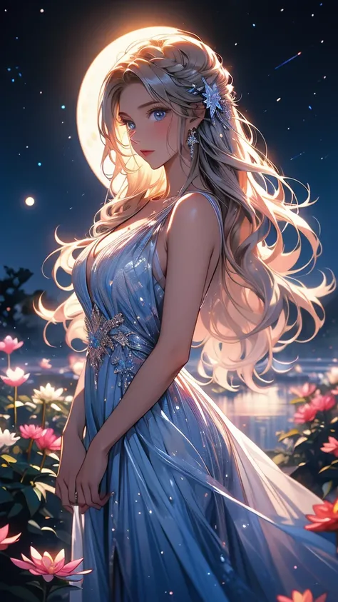 Under the full moon shining in the night sky, the most beautiful Scandinavian woman in the world stands surrounded by colorful flowers. Her long blonde hair shines in the moonlight, emitting a soft light. Her clear blue eyes look up at the night sky quietl...