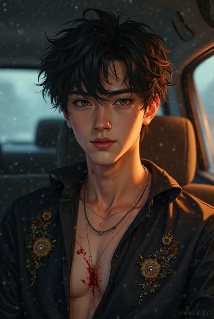 A strikingly handsome young man with tousled dark hair, sitting in a dimly lit car interior. His intense, slightly lidded eyes and subtle smirk give him a mysterious and alluring presence. His sharp jawline and defined collarbones are illuminated by warm, ...