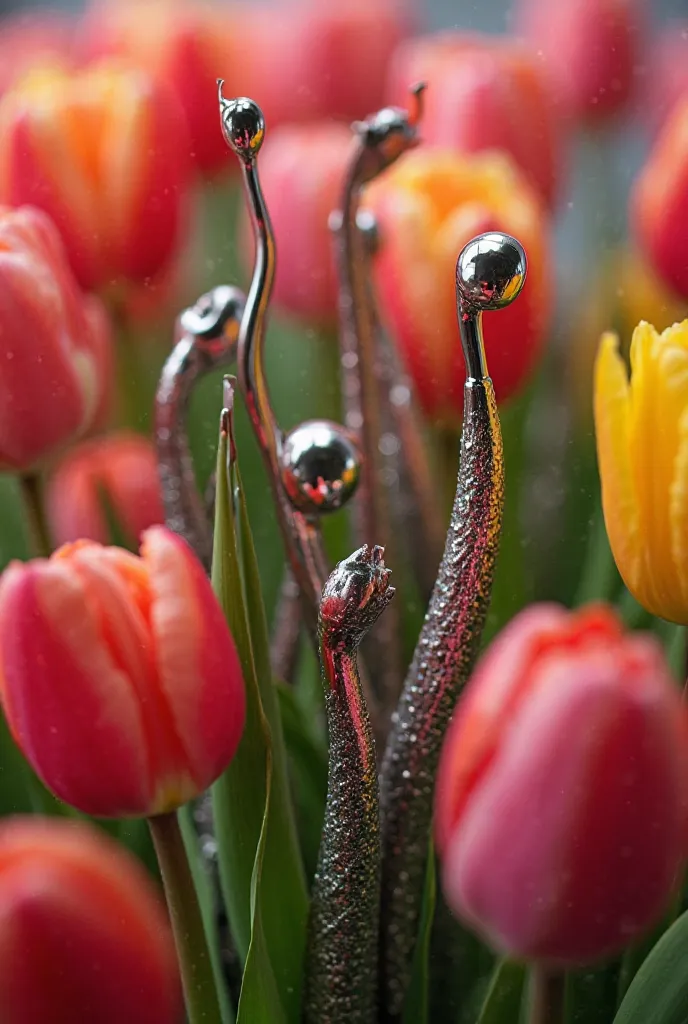 Generate number 8, macro photo made of dental tools and with a lot of tulips in the background,  macro photo 