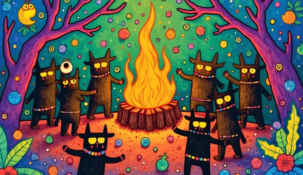 Naive art painting of many miniature demons dancing around a bonfire in the middle of the jungle. The bodies of demons are dark and their bright yellow eyes shine in the middle of the thickness of the jungle. The branches and leaves of the trees form an in...