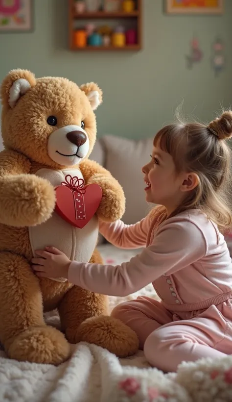 A cat is gifting a large teddy bear to a cute girl. The girl is smiling joyfully, her eyes sparkling with happiness as she looks at the cat. The cat holds the teddy bear in front of her, as if it's a special gift just for her. The girl is reaching out her ...