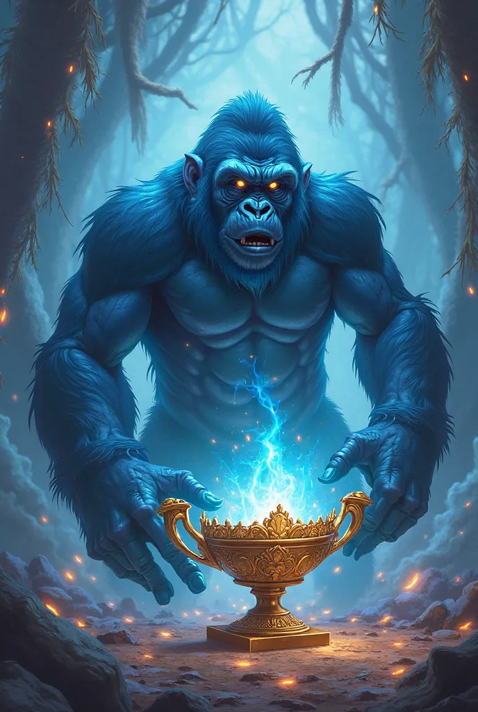 Create a blue gorilla literally coming out of a magic lamp 