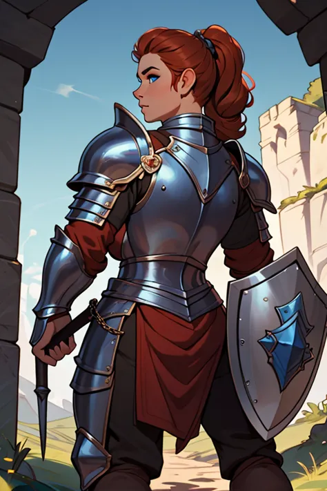 Short and thick and stocky dwarf woman, large breasts, busty, really long mid-back curly ginger hair in top knot ponytail, blue eyes, heavy chain-mail armor with tabbard, Shield and broadsword, knight