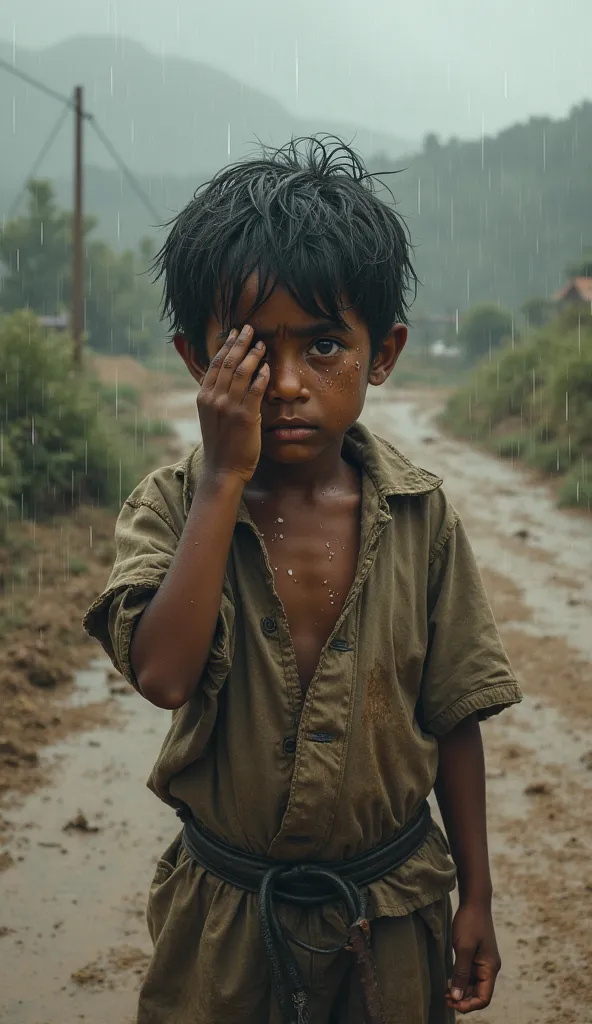 Crie um desenho ultra realista de um menino poor caminhando em uma estrada de terra, poor, crying looking down, THOUGHTFUL, with her hand on her eyes wiping away tears in a lot of pain, rain 