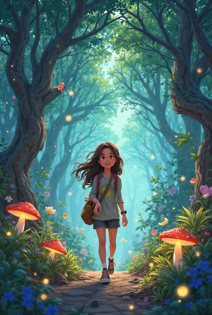 Generate 5 different images to compose a story , the protagonist is one who enters an enchanted forest and after a few adventures finds her way home.
Generate these 5 animation-style images 
