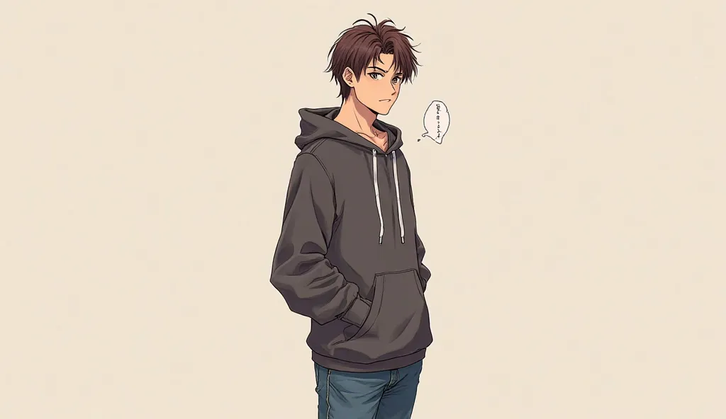 high quality，8K Ultra HD，The expression is cold ，oriental male，25 to 30 years old，Wear a hoodie and jeans，Costume details Some， full body standing on the forehead ，Hands exposed，Japanese manga style， brown hair， clear lines ，The background is solid color，S...