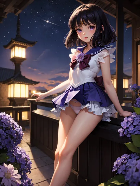 (masterpiece, Top Quality: 1.2), alone, 1 girl,  Sailor Saturn, Magical Girl, ,  watch the audience, ,  sailor warrior uniform, pleated skirt,  elbow bag,  purple eyes, ,Temple grounds at night ,, ((Small purple flower)),(( white panties ))spread legs,Came...