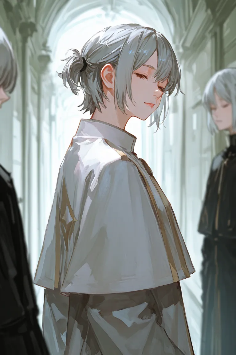 one man、Short Hair、Hairstyle is the center part、Cassock、Fr.、Gray Hair、eyes closed、The background is a dim hallway、 I'm looking back