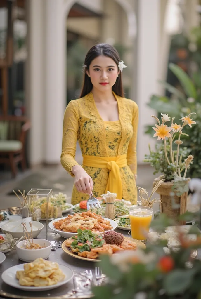 full indoor shot, zoom-out shot of hyper-realistic photo of a hyper far dinning room background, beatifull woman, zoomed-out shot of beatifull Asian young woman man has black style hair, shaved face, Wearing yellow t-shirt,shy smiling, stands behind a tabl...