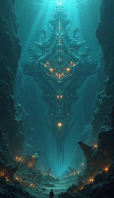 A futuristic, glowing underwater structure deep in the ocean, surrounded by mysterious creatures and artifacts.