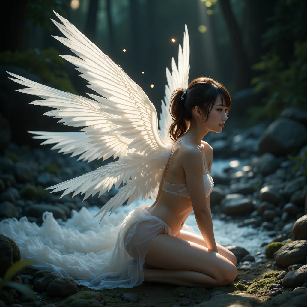  Angel Wings,backlight,viewers,Angle Looking Up From Below,Feathers fluttering,SEE-THROUGH,Thin, transparent legs,white_gothic_,multiple_Wings,rest,v_weapons, Exquisite Details ,4K,High Resolution,realistic,HDR,Studio Lighting,extreme detail,professional ,...