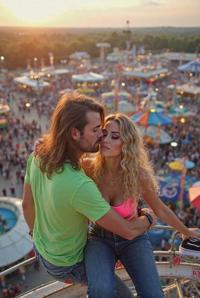 A husband and wife are at the fair. They are sitting on the ferris wheel at the top. The entire county fair is seen below them. The husband has LONG light brown hair, 5:00 shadow, bright green t shirt and blue jeans with high top black sneakers. The wife h...