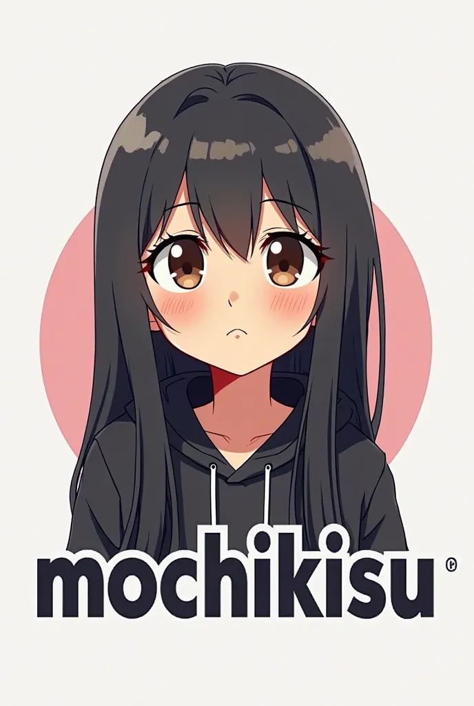 Logo for my YouTube channel of a anime character black hoodie , tan skin, black hair, brown eyes, long hair , smug smiling and with the word MochiKisu