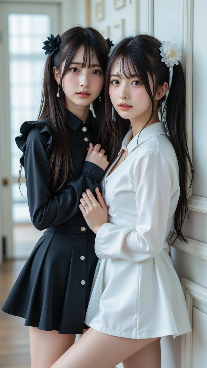 A realistic 4k photo of two young Japanese women with long, straight dark hair styled in twin tails, each adorned with a small hair accessory—a black flower on the left, a white flower on the right. Both have fair complexions and neutral expressions. They ...