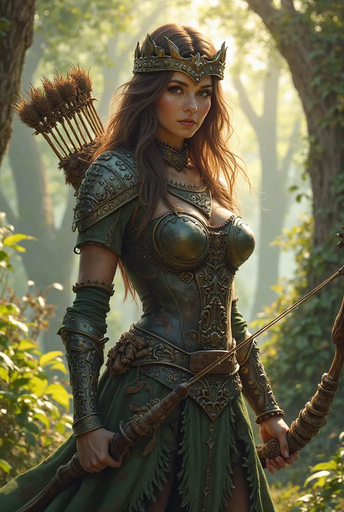 forest warrior woman with bow and armor attractive with medium length brown hair with crown on her head