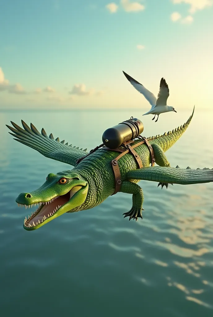 make me a video of a crocodile flying to the sea for a seagull, white seagull, green crocodile, the crocodile strapped bomb