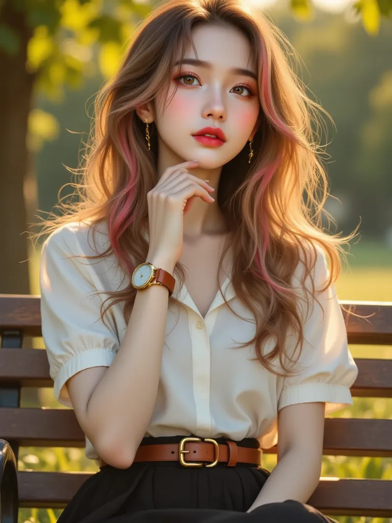 ((Medium Full Shot, Realistic Cinematic, 8K High Resolution, Morning Soft Light, Full Head Visible, No Cropping on Head))

A young Thai woman sits gracefully on a park bench in the gentle morning sunlight. The fresh morning air surrounds her, with soft gol...