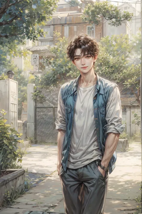 (absurdres, highres, ultra detailed, HDR), masterpiece, perfect faces, detailed faces, intricate details, extremely detailed background scenery, best quality close-up picture, orange eyes, korean boy, smile,   boy guy male man , art by kenouji 