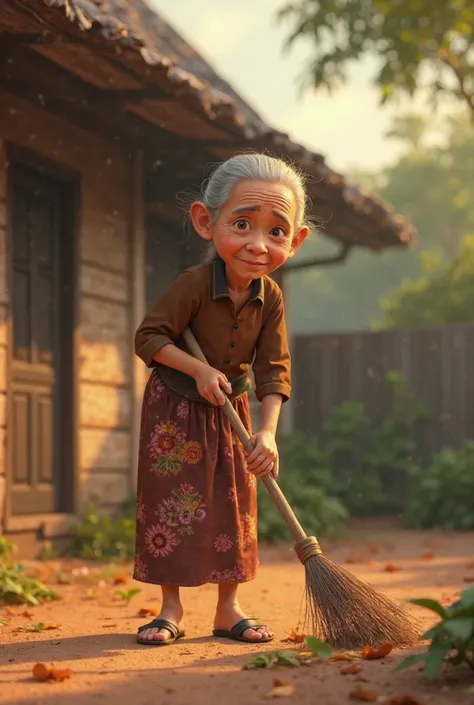 ((High-quality 3D animation, DreamWorks style)) (((Vibrant colors, cinematic lighting))) ((Ultra-detailed, expressive character))  
(An elderly woman with a deeply wrinkled face:1.3), (wearing a brown kebaya and traditional batik skirt:1.2), (sweeping the ...