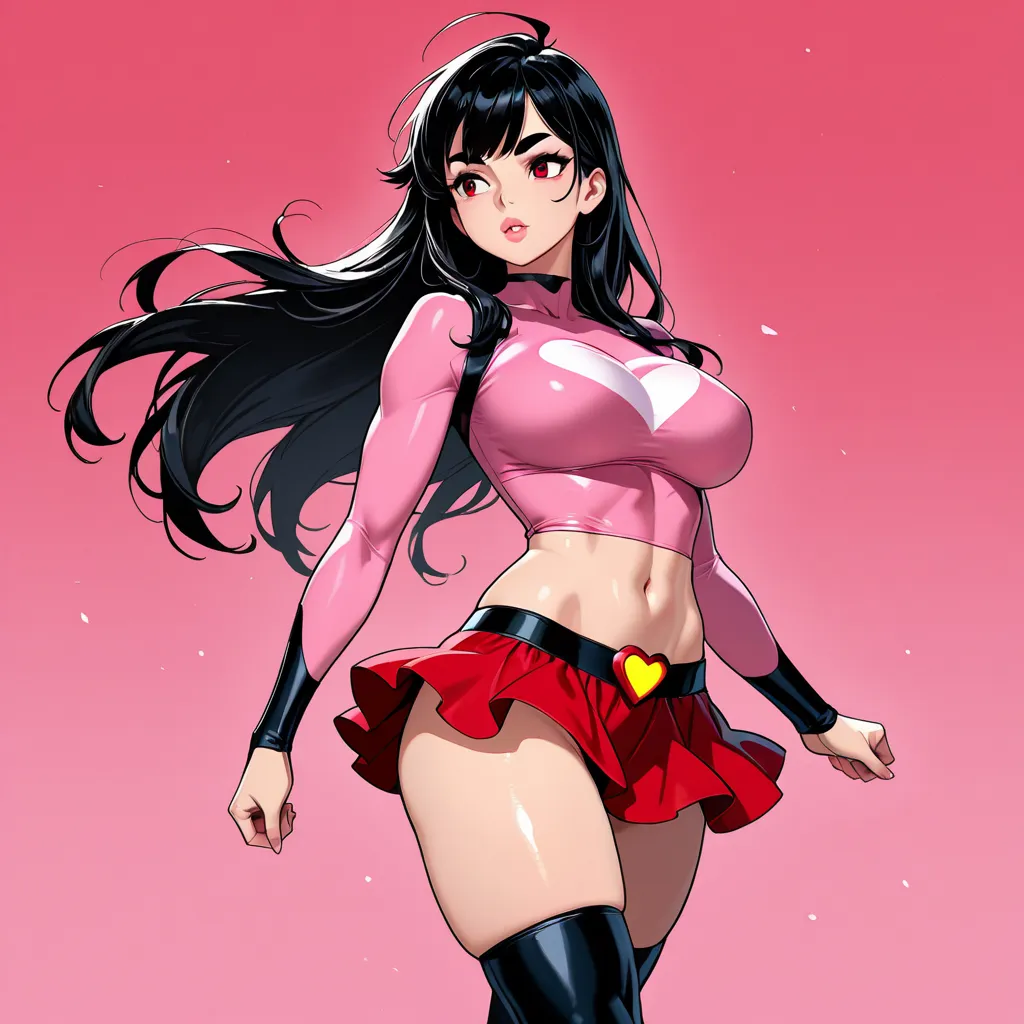 High definition image, cinematic style figure of Lady Heart: superhero, 25 years old and 2 m tall, with an athletic and seductive body ( marked abdomen,  hips,  sexy thighs, sculpted legs and large breasts). She wears long flowing black hair,  thick eyebro...