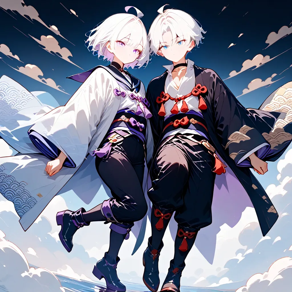 masterpiece, high score, great score, absurdres, 2boys, chibi,(duo:1.1), (couple:1.2),short white hair, parted bangs, side fringe, purple eyes,toned,twink,black haori,white kinono,purple cords,black obi,open collar shirt,black choker,golden cloud pattern,b...