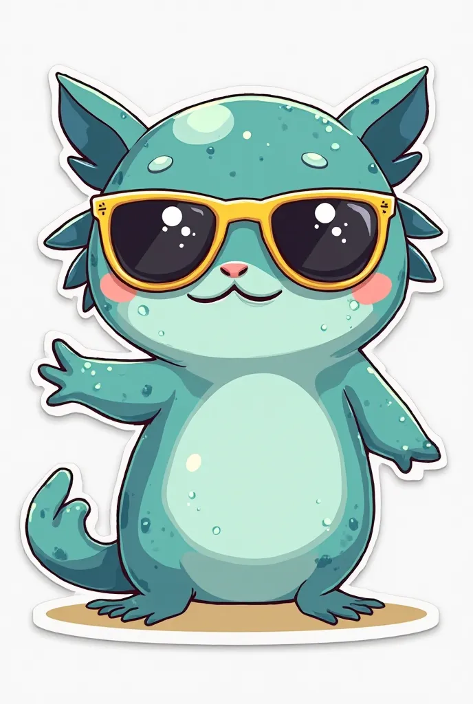 create a light teal dabbing axolotl depicted in a cartoon style . The axolotl is wearing yellow-framed sunglasses. The axolotl's feathery gills that are a slightly darker teal eyes are large and expressive, and the overall expression is playful and cute. v...