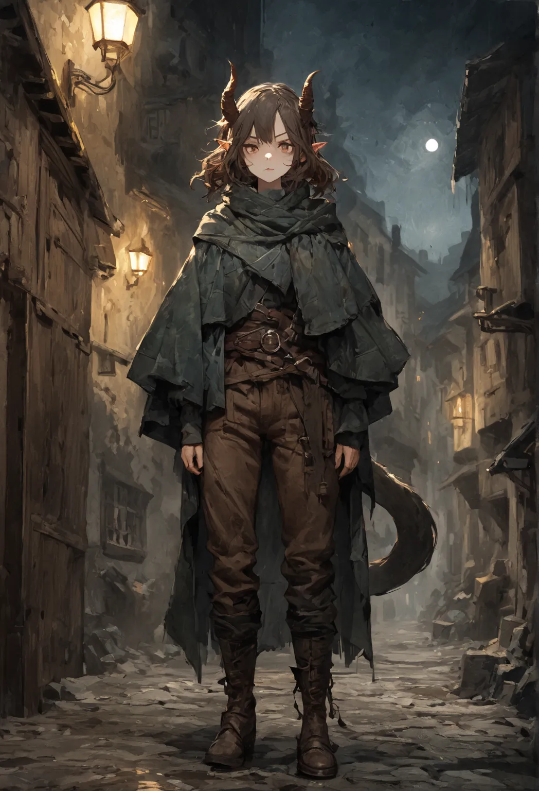 A painterly paint style with expressive, highly visible brushstrokes and a textured, almost abstract appearance. The overall style evokes a mix of Renaissance portraiture and modern expressionism. A tiefling figure with salmon skin color, stands in an medi...