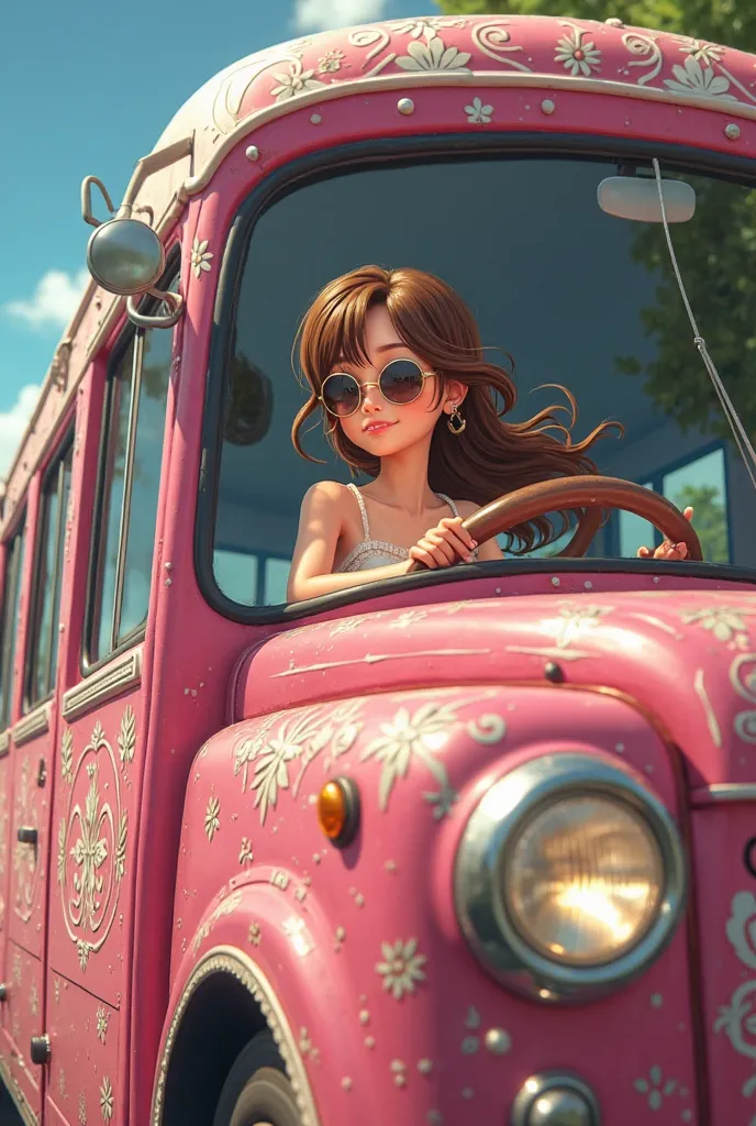 Create an image of an anime girl who is driving a Salvadoran style pink bus with white details and lights, light brown hair, brown eyes with sunglasses