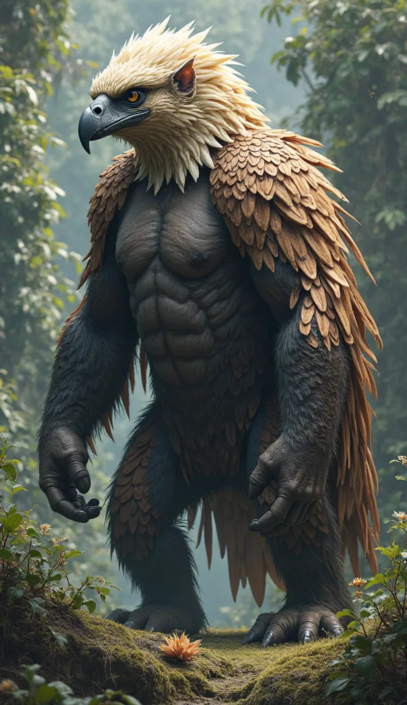 gorilla with a head of eagle and feathers 
