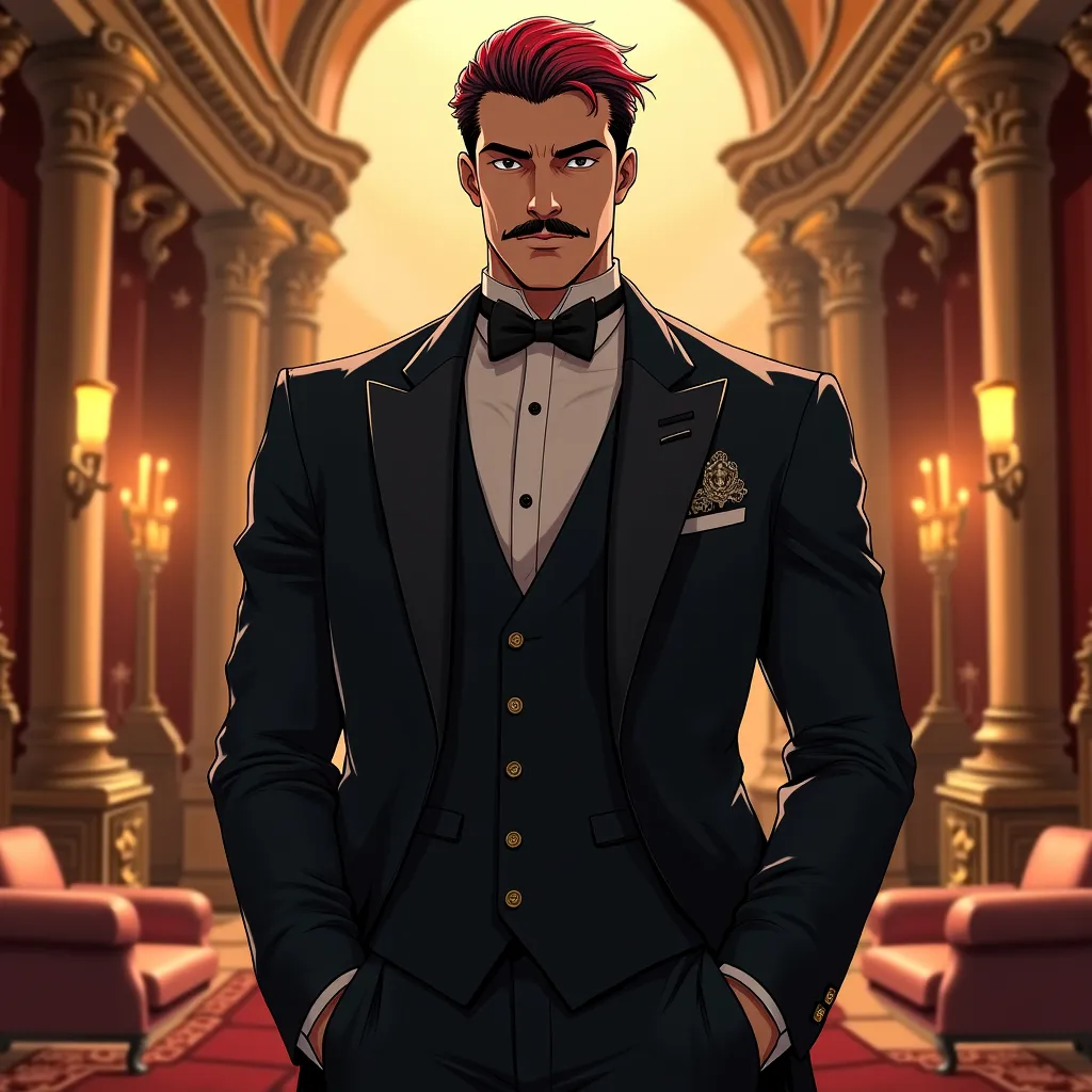 anime male, noble man with mustache, inside mansion, suit, strong build, colored hair, striking face