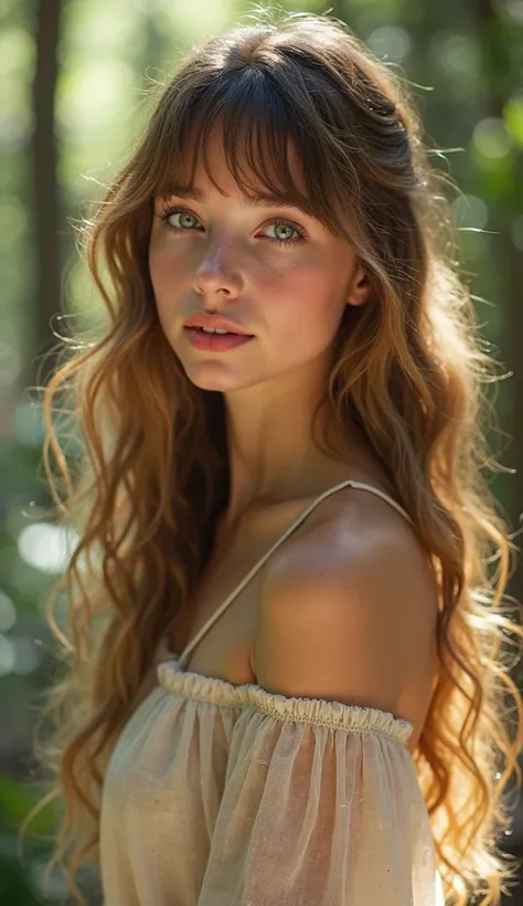 A young woman with an ethereal appearance, with long wavy ripples that cascade down like streams of sunlight, framed by a soft fringe.  your green eyes , similar to the dense foliage of ancient woods, held indescribable mysteries.  The skin clears , with a...