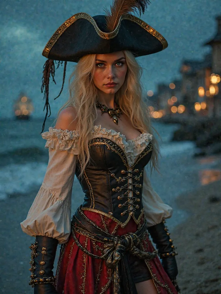  the dynamic goes towards the spectator  ,  in the distance you can see the ocean At night and the invisible outlines of a pirate ship in the ocean  (( You can see the whole body )) young blonde girl with torn hair , big blue eyes . dressed as a pirate cap...