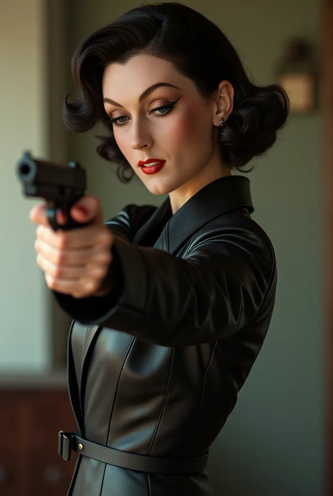 sculptural and elegant woman in black leather suit, Handling a gun, short wavy hair, 1950s style hairstyle, realistic image quality, real life image 
