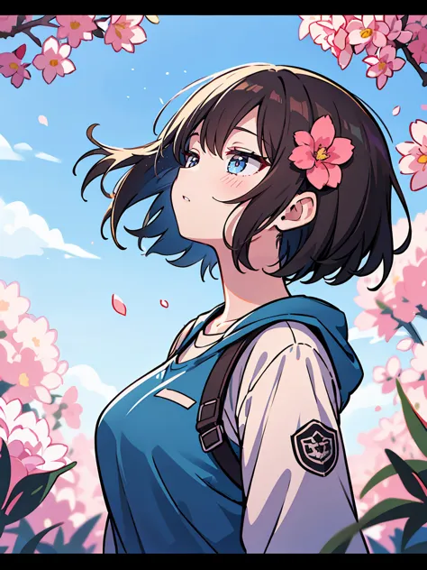 (masterpiece, best quality),1girl, solo, flower, bub cut, short hair, outdoors, letterboxed, day, sky, looking up, parted lips, shirt, cloud, black hair, sunlight, trekking wear, upper body, from side, pink flower, blurry, brown hair, blue sky, depth of fi...