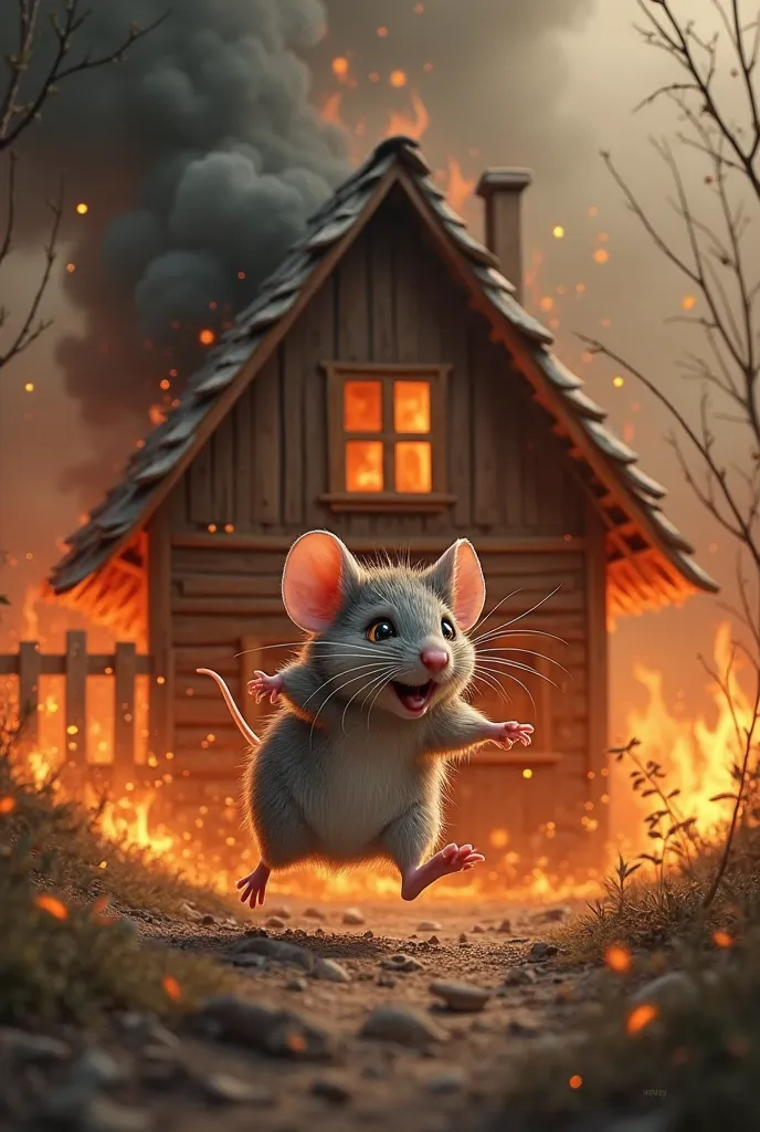 A mouse with human feet running from his house that is on fire 