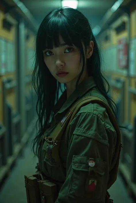 beautiful girl, bedroom eyes, dark green hair, attractive, top quality, masterpiece, cinematic shot, dark ambience, dynamic pose, mysterious, wearing a military outfit, in a room filled with defensive barricades