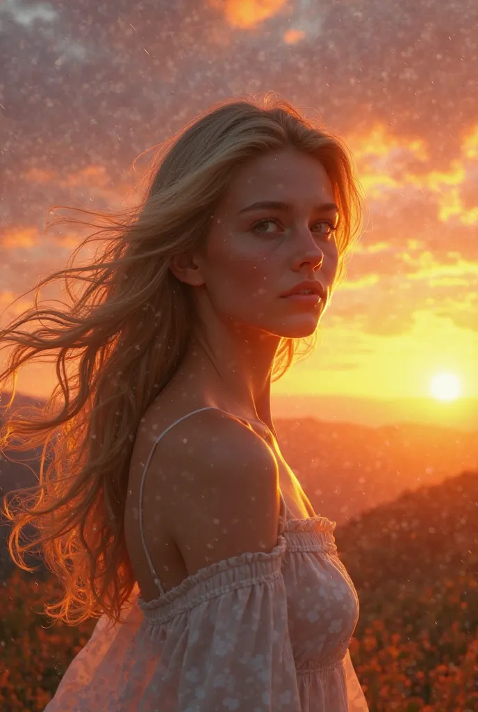 Create an image of a blond woman at sunset 