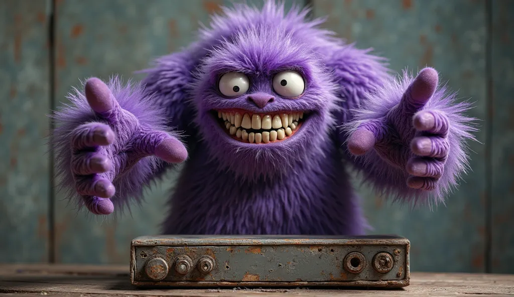 giant furry whimsical realistic purple monster on old creepy tv with arms reaching out