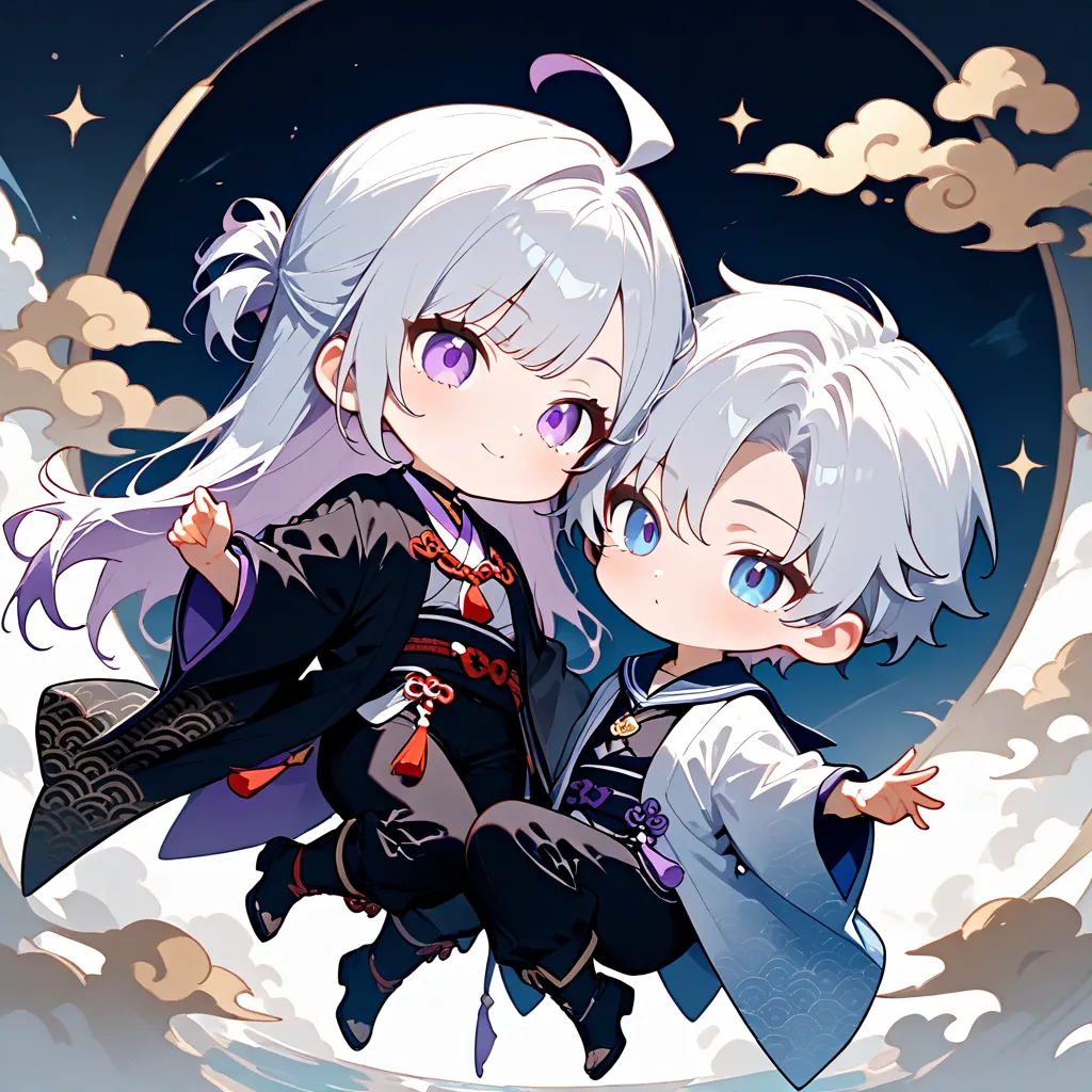 masterpiece, high score, great score, absurdres, 2boys, chibi,(duo:1.1), (couple:1.2),short white hair, parted bangs, side fringe, purple eyes,toned,twink,black haori,white kinono,purple cords,black obi,open collar shirt,black choker,golden cloud pattern,b...