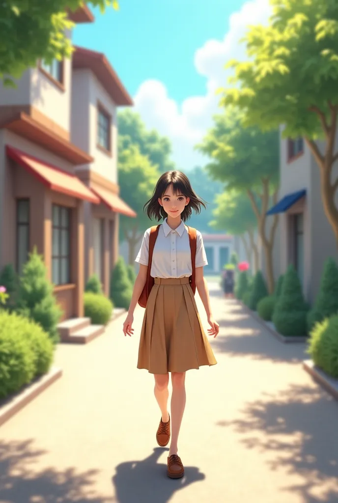 A girl going to school wearing a white button down shirt and a light brown knee-length skirt 